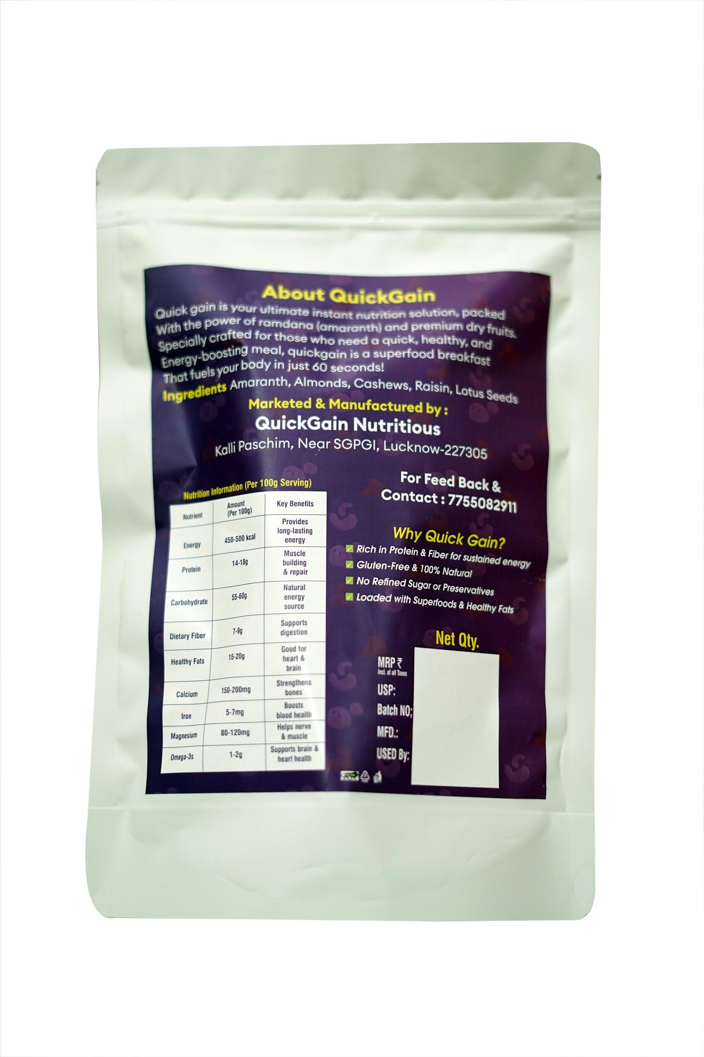 Quickgain – High-Protein Amaranth Breakfast Mix | 100% Natural, Gluten-Free, Instant & Wholesome Superfood